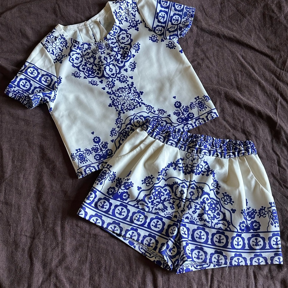 Blue and White Patterned Two-Piece Set